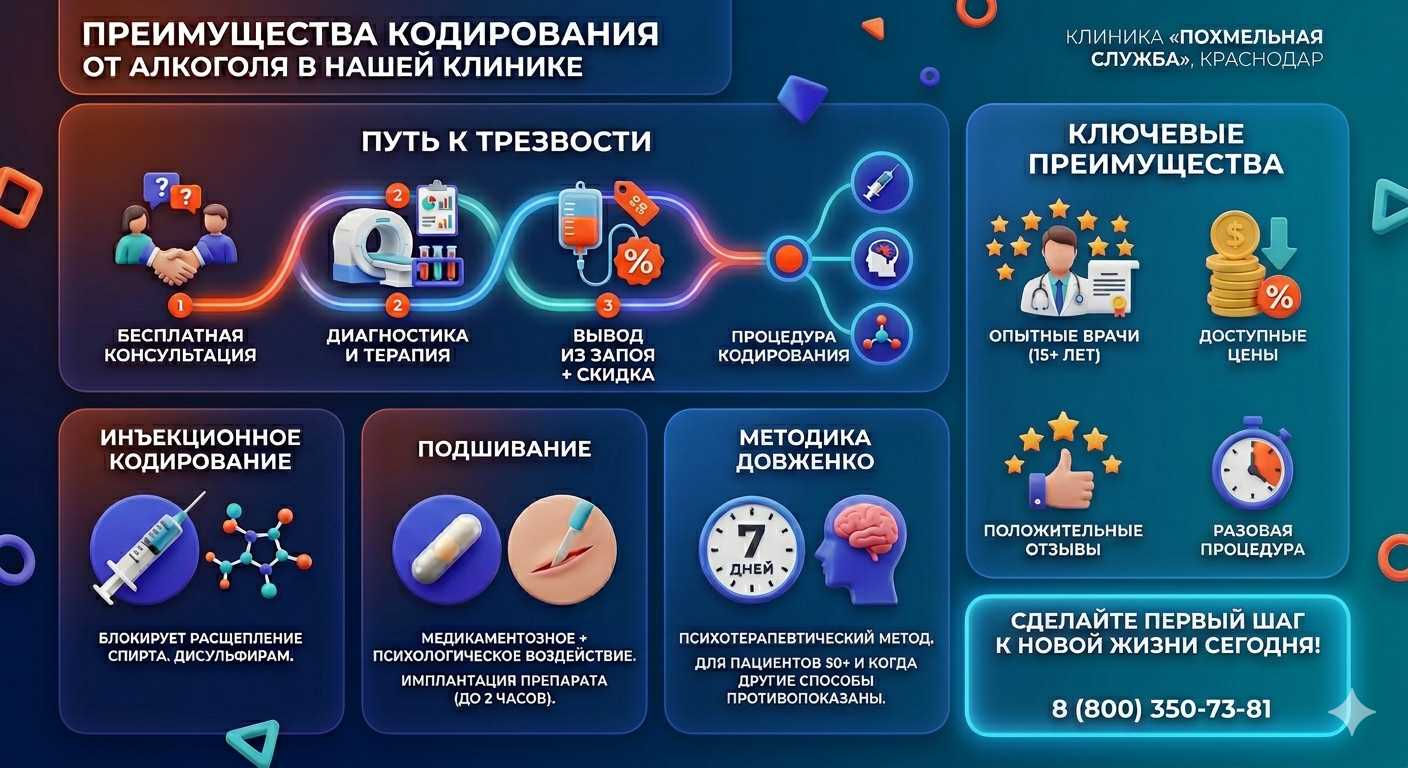 Инфографика о методах кодирования от алкоголя в Мариинске: инъекции, подшивание, метод Довженко. Преимущества клиники и этапы лечения.