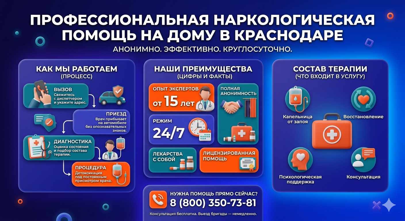 Инфографика о принципах лечения алкоголизма на дому в Мариинске: этапы вызова нарколога, преимущества анонимной детоксикации и состав медицинской помощи.